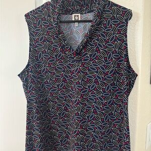 Anne Klein Blue and Red Women’s Sleeveless Blouse with Mandarin Collar
